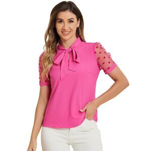 Bow Tie V Neck Stand Collar Short Mesh Sleeve Blouse Hot Pink